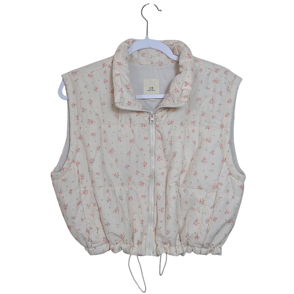 Pink White Floral Puffer Vest L Cropped Coquette Girl Winter Cottagecore‎ Cozy
